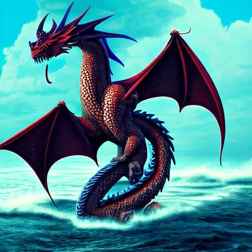 Prompt: Dragon rises from the ocean, detailed, digital art, 8k, trending on Artstation