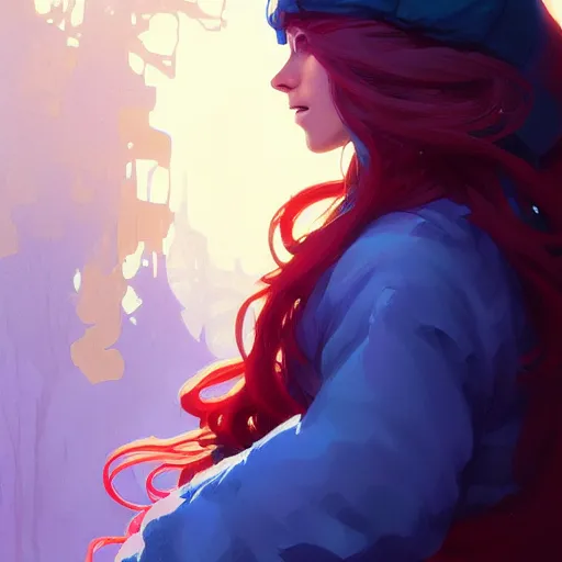 Prompt: madeline from celeste, blue bubble jacket red long hair, highly detailed, digital painting, artstation, concept art, sharp focus, illustration, art by greg rutkowski and alphonse mucha