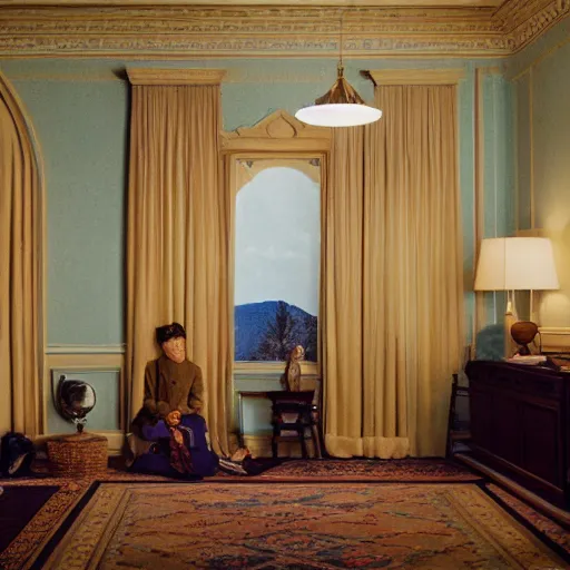 Image similar to wes anderson style interior, vermeer lighting, imax 4 0 mm anamorphic lens, kodak vision 3 2 0 0 t 5 2 1 3 1 2 8 0 x 8 0 4