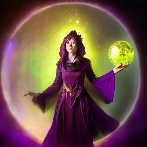 Image similar to a female warlock casting a magic spell, a small floating orb by her side, purpleish aura, d & d, fantasy, magic, hdr, studio lighting, mucha style,