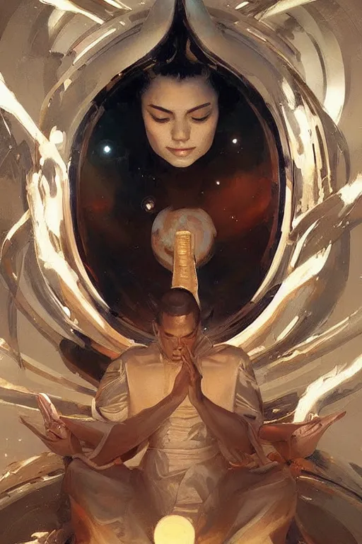 Image similar to space, buddhism, taoism, painting by greg rutkowski, j. c. leyendecker, artgerm