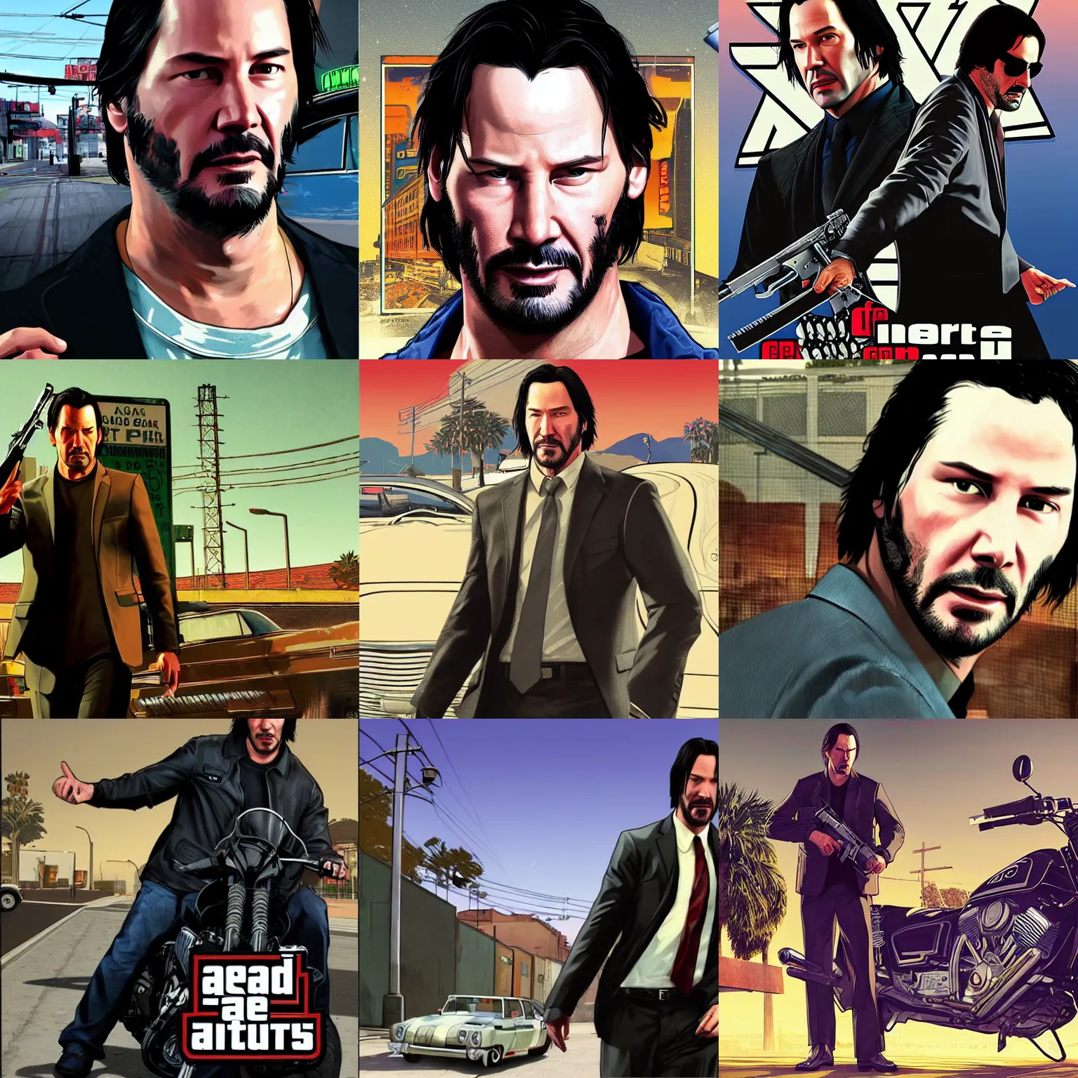 Prompt: Keanu Reeves in GTA V, Cover art by Stephen Bliss, Loading Screen, Boxart, highly detailed