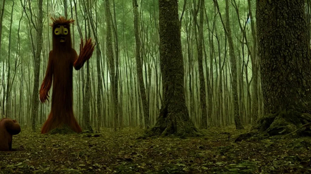 Prompt: the tall strange creature waits in the forest, film still from the movie directed by Denis Villeneuve with art direction by Salvador Dalí, wide lens