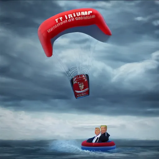 Image similar to donald trump flying in an inflatable boat, trending on artstation hq, taken by canon r 6, photorealistic