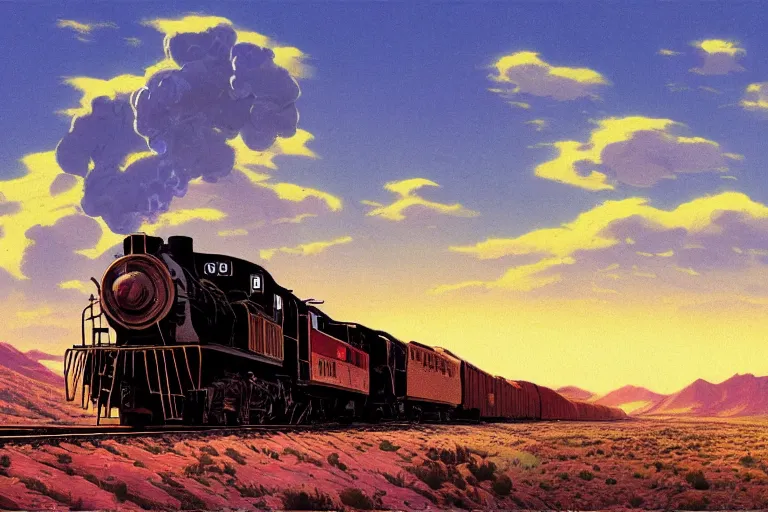 Image similar to idyllic old western freight train illustration by syd mead, artstation, 4 k, graphic novel, concept art, matte painting, steam engine spewing billowy white clouds of steam, beautiful mountain desert sunset background, golden hour