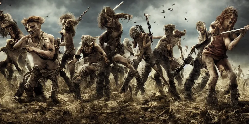 Image similar to epic battle scene kittens versus zombies, post apocalyptic, animals last stand, post human, Epic Background, highly detailed, sharp focus, 8k, 35mm, cinematic lighting