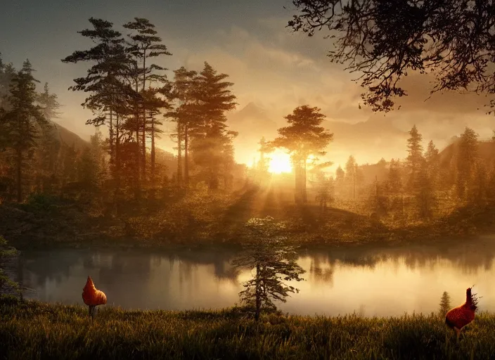 Image similar to epic crystalline forest with a lake, rooster, golden hour, misty ground, rocky ground, distant mountains, atmospheric perspective, altostratus clouds, planets, cinematic, 3 5 mm lens, anamorphic lens flare, photographic, octane render, cinematography by roger deakins, in the style of ansel adams