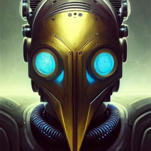 Image similar to low angle portrait shot of a cyberpunk gazmask robot character, intricate, elegant, highly detailed, centered, digital painting, artstation, concept art, smooth, sharp focus, illustration, artgerm, Tomasz Alen Kopera, Peter Mohrbacher, donato giancola, Joseph Christian Leyendecker, WLOP, Boris Vallejo