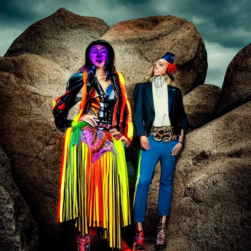 Prompt: photo, an ironic maximalist gaudy photoshoot featuring overly bright contrasting color bold print insane costumes inside a rocky western landscape, atmospheric lighting and haze, backlit, moody