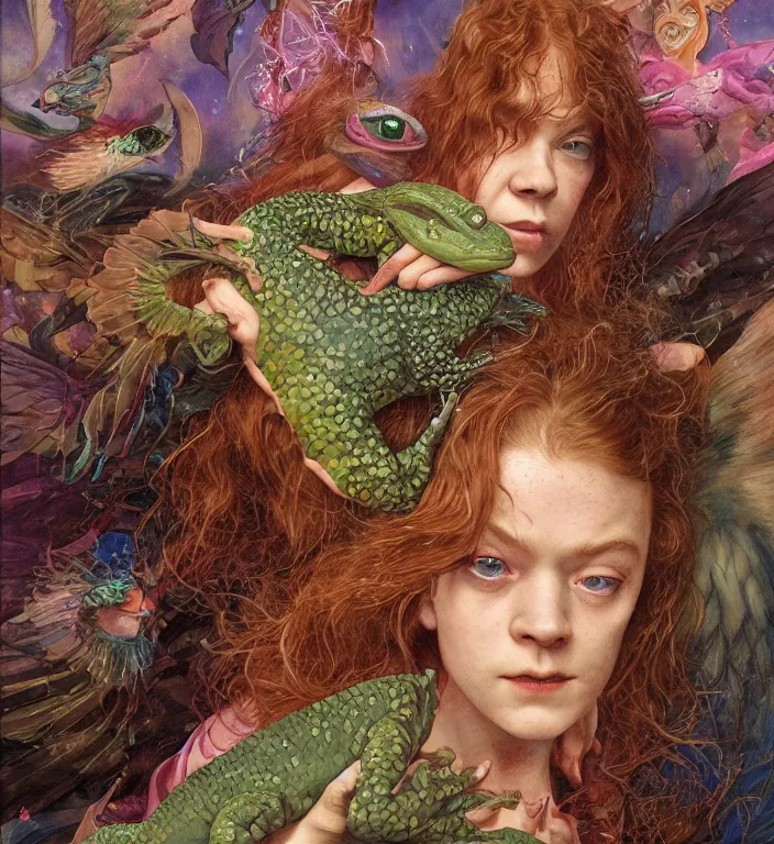 Image similar to a portrait photograph of a meditating fierce sadie sink as a colorful harpy super hero with scaled skin. she is trying on skin grafts and transforming into a slick amphibian. by tom bagshaw, donato giancola, hans holbein, walton ford, gaston bussiere, peter mohrbacher and brian froud. 8 k, cgsociety