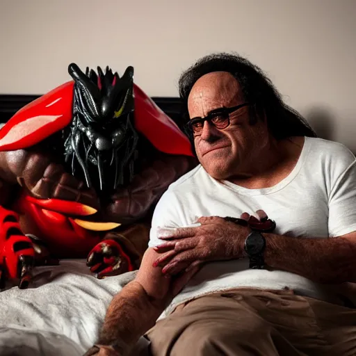 Image similar to Danny DeVito and The Predator on a bed, cinematic, studio light, 8K,