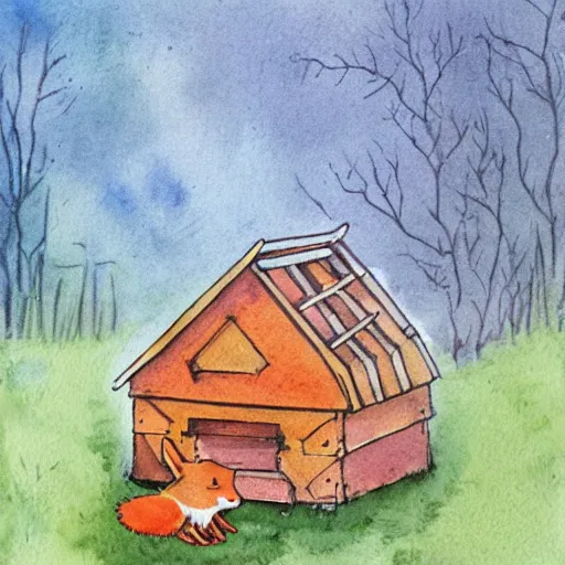 Image similar to a fox in a hen house, watercolor illustration,