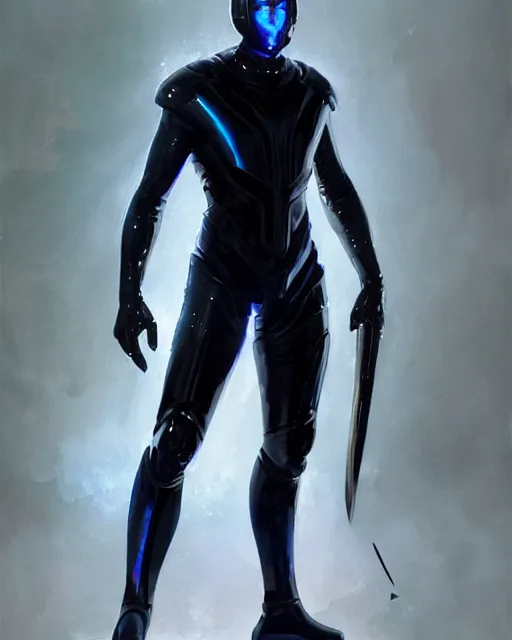 Image similar to character concept of iridescent sinewy smooth muscular male sleek glossy indigo black pearlescent scifi armor with smooth black featureless helmet, by greg rutkowski, mark brookes, jim burns, tom bagshaw, magali villeneuve, trending on artstation