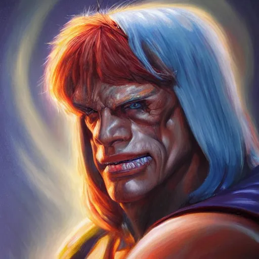 Prompt: portrait painting of he - man, art by kenne gregoire, 4 k, ultra realistic, highly detailed, epic lighting