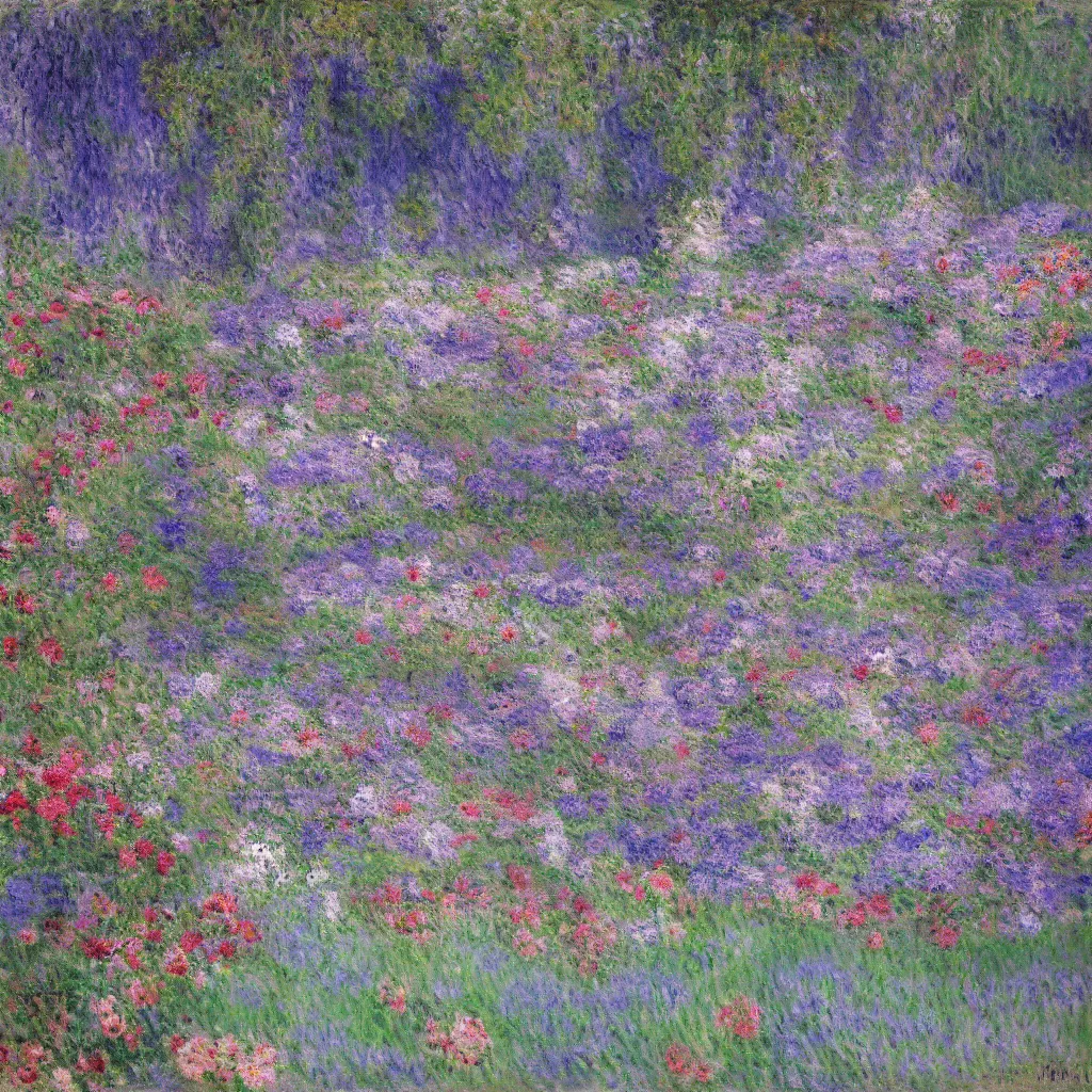 Prompt: a gorgeous garden on the edge of a cliff filled with beautiful flowers of blue and violet and pink, monet