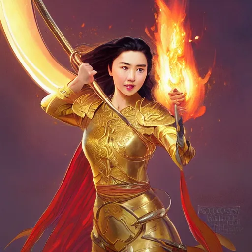 Prompt: Jessica Henwick clothed in pure golden light energy and holding a flaming sword, D&D, highly detailed, digital painting, artstation, concept art, sharp focus, illustration, art by artgerm and greg rutkowski and alphonse mucha