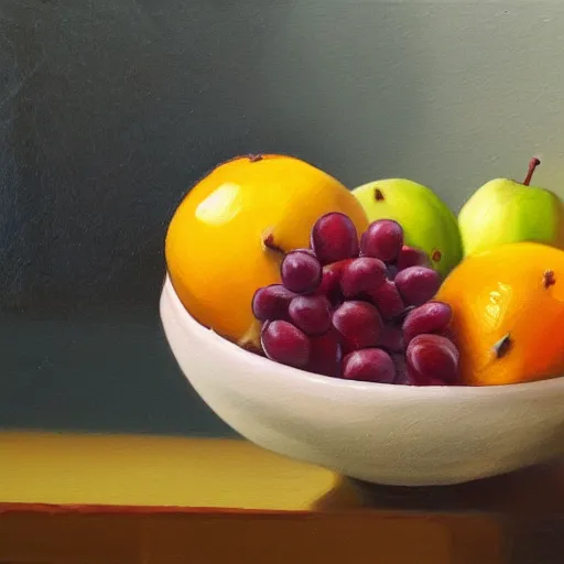 Prompt: a still life painting of a bowl of fruit n-4