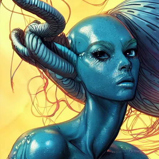 Prompt: alien princess with translucent skin, beautiful detailed blue eyes, art by Patrick Gleason and Mobius , highly detailed, award winning, artstation