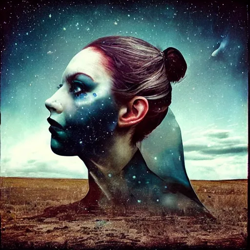 Image similar to phantom grip, the edge of the universe (on film), by Brooke Shaden and Sandra Chevrier