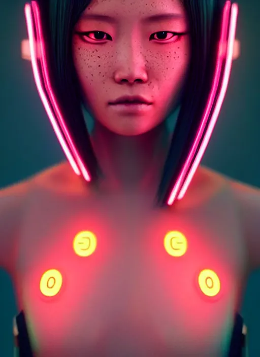 Image similar to photorealistic portrait of asian female humanoid, freckled skin, cyber neon lightings, highly detailed, cyberpunk high fashion, elegant, crispy quality, trending in artstation, trending in pinterest, glamor pose, no signature, no watermark, cinematic, octane render, art by artgerm, art by greg rutkowski, art by pascal blanche