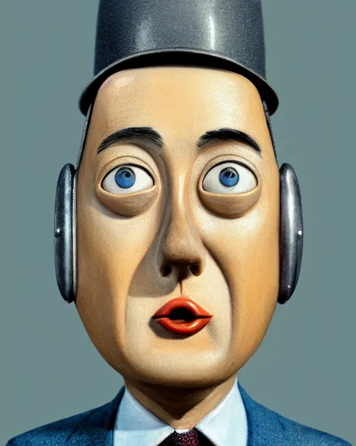 Image similar to closeup face profile portrait of a tin toy jacques tati as monsieur hulot, hyper realistic, artstation, illustration, nicoletta ceccoli, mark ryden, lostfish, max fleischer, digital paint, matte paint, vivid colors, dark, sinister, detailed and intricate environment