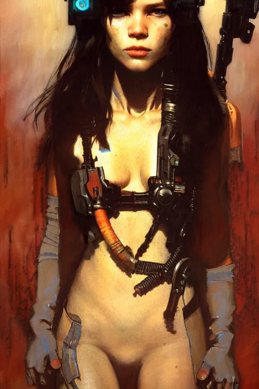 Image similar to portrait max mad cyberpunk, girl with a future weapon character design, painting by gaston bussiere, katsuya terada, nc wyeth, greg rutkowski, craig mullins, vermeer, frank frazetta, tom of finland, trending on artstation, jeffery catherine jones