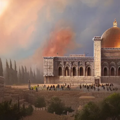 Image similar to a beautiful detailed and realistic matte painting of the ancient Temple of Jerusalem aflame