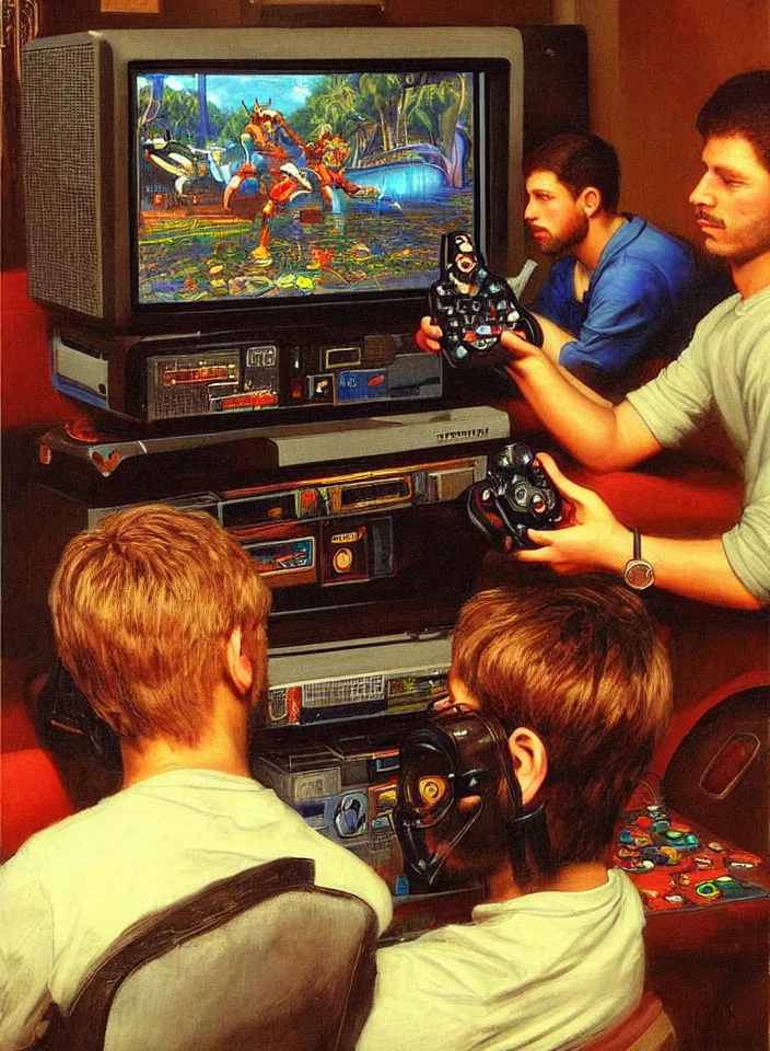 Prompt: Portrait of men playing video games on CRT television using Atari joysticks. Painting by Robert Edward Hughes. Intricate details. hyper realism. Masterpiece.