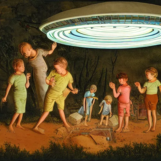 Image similar to ''children excavating a ufo''