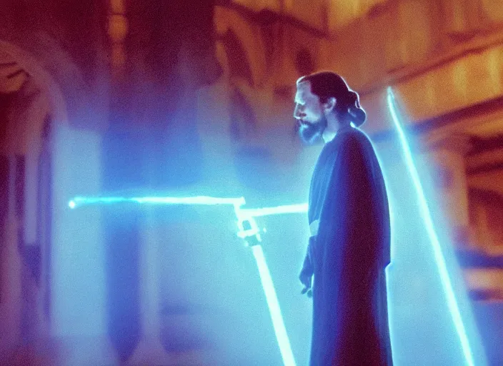 Image similar to screenshot of the force ghost glowing blue spirit of qui gon jinn speaking to Luke skywalker, in a hazy lit ancient Jedi cathedral, screenshot from the 1970s star wars thriller directed by stanley kubrick, Photographed with Leica Summilux-M 24 mm lens, ISO 100, f/8, Portra 400, kodak film, anamorphic lenses