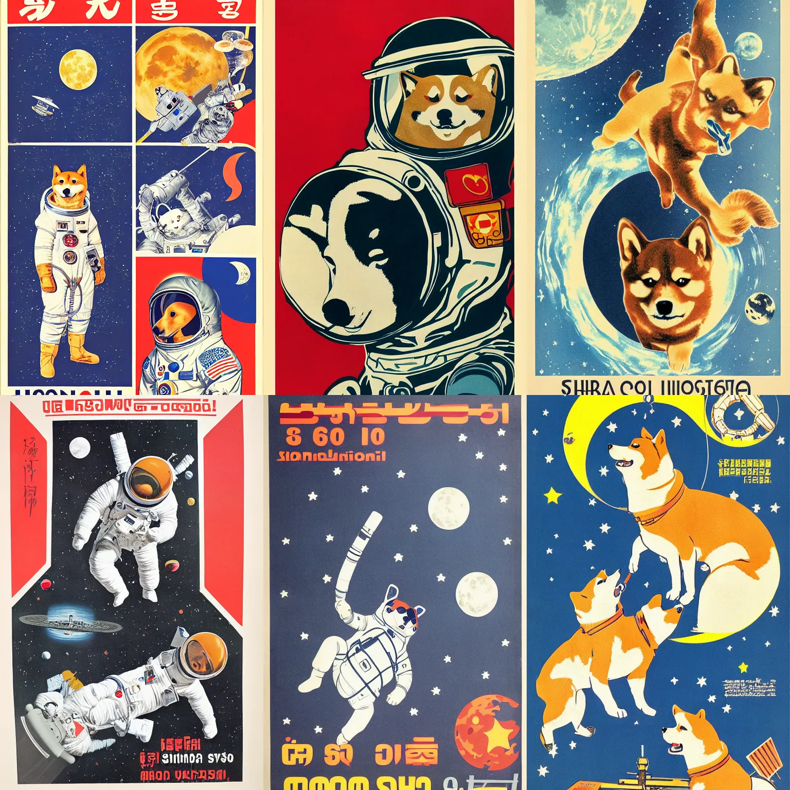 Image similar to Shiba Inu cosmonaut portrait, moon mission, 60s poster, 1968 Soviet Japanese