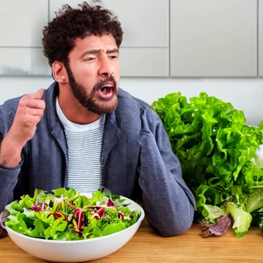 Image similar to A man arguing loudly with a bowl of salad