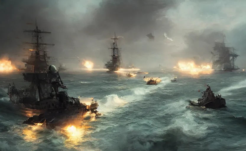 Prompt: Epic naval battle, elegant, volumetric lighting, digital painting, highly detailed, artstation, sharp focus, illustration, concept art, ruan jia, steve mccurry