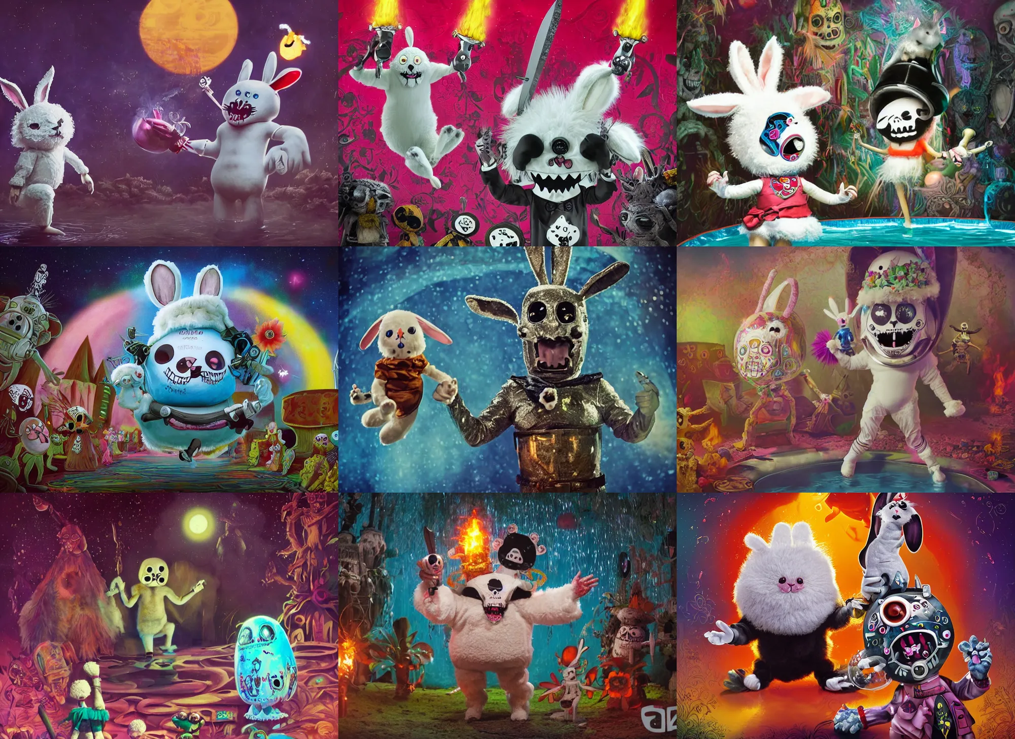 Prompt: a cute fluffy bunny with an insane expression, gleefully dances in a pool of water, holding a black steel bowie knife, wearing a dia de los muertos costume is stalked by an evil astronaut. dark dance photography, intricate detailed 8 k environment, gary baseman, preston blair, tex avery, dan mumford, pedro correa, high times magazine aesthetic