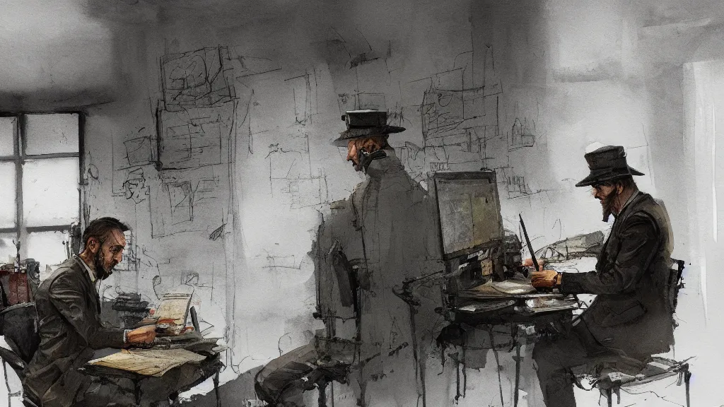 Prompt: closeup of an inspector taking notes inside of an office, watercolored, jakub rozalski, dark colours, dieselpunk, artstation