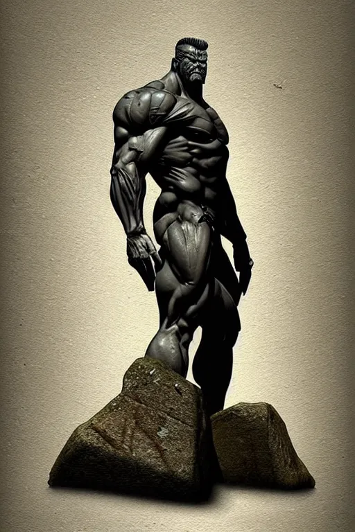 Image similar to greg rutkowski poster. ancient stone carved sculpture of a giant muscular man in the woods