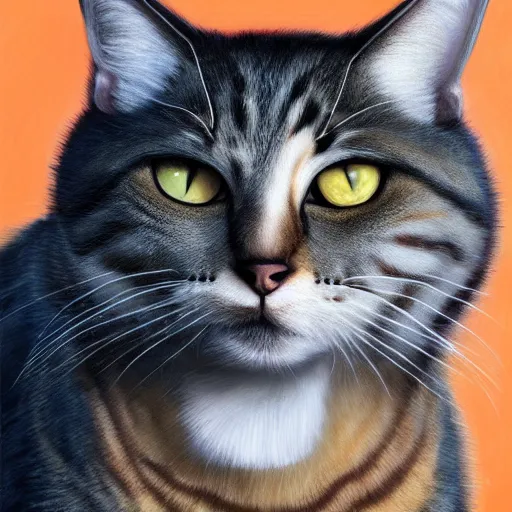 Image similar to an oil painting of a powerful cat with a chiseled jawline, giga chad, dramatic impactful colors, by artgerm, hd, hdr, ue 5, ue 6, unreal engine 5, realistic anime 3 d style, cinematic 4 k wallpaper, 8 k, ultra detailed, gta cover art, high resolution, artstation, award winning