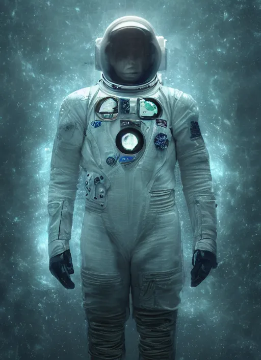 Image similar to complex poster by craig mullins astronaut in futuristic dark and empty spaceship underwater. infrared glowing lights. complex and hyperdetailed technical suit. reflection and dispersion materials. rays and dispersion of light. volumetric light. 5 0 mm, f / 3 2. noise film photo. flash photography. unreal engine 4, octane render. interstellar movie art