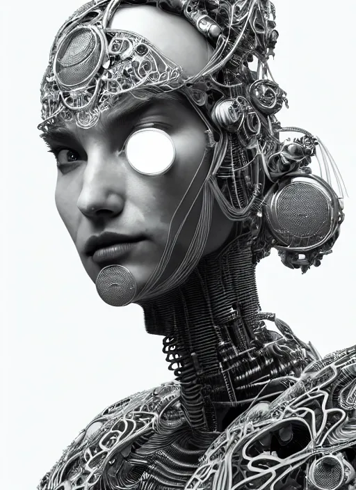 Image similar to portrait of an absurdly beautiful, graceful, sophisticated, fashionable cyberpunk mechanoid, hyperdetailed illustration by irakli nadar and alexandre ferra, intricate linework, white porcelain skin, faberge, fractal headdress, unreal engine 5 highly rendered, global illumination, radiant light, detailed and intricate environment