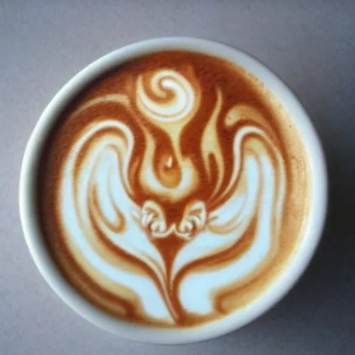 Image similar to photo, latte art of cheeky asian dragon breathing fire, award winning, white background, deviantart, beautiful, intricate, highly detailed