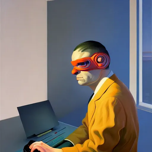 Prompt: Portrait of a man wearing a business hacking computers, very coherent, painted by Edward Hopper, Wayne Barlowe, painted by James Gilleard, airbrush, art by JamesJean