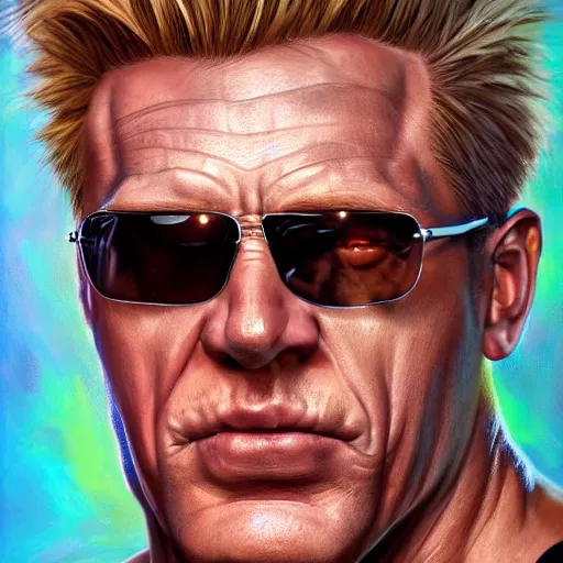 Image similar to ultra realistic portrait painting of duke nukem, stanley artgerm, 4 k, ultra realistic, highly detailed, epic lighting