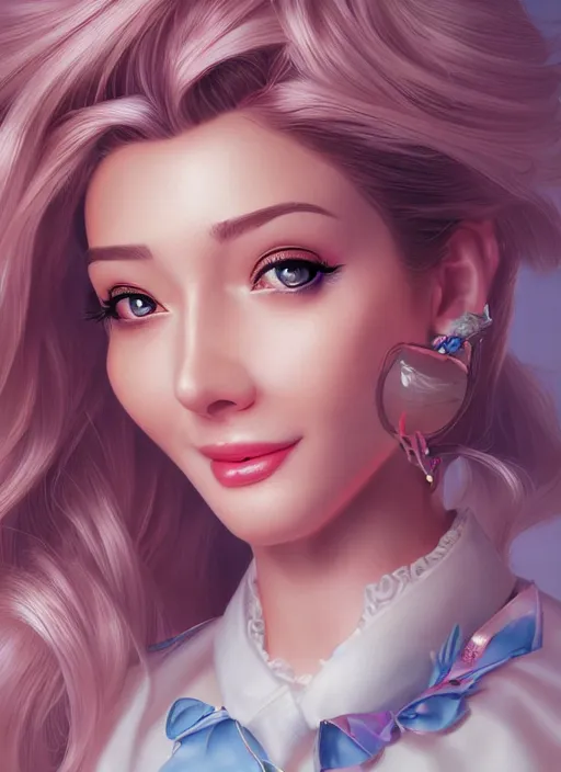 Image similar to beautiful, secretary woman, extremely detailed gorgeous face, looks realistic, hyper-detailed portrait, happy smile, vaporwave aesthetic, synthwave, magical, fantasy, ninchaku , artist Artgerm i and WLOP