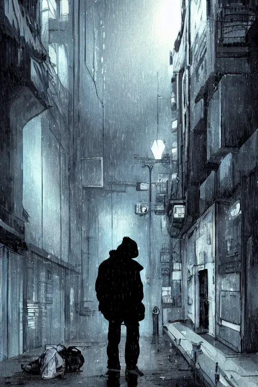 Prompt: A homeless man looks at the alleyway, shadowy figure in a trenchcoat enters the alleyway liminal space, streets of cyberpunk Melbourne, light shines behind the shadowy figure, by Patrick Rosche and Tomer Hanuka, clean, intricate, elegant, highly detailed, digital painting, artstation, watercolor, smooth, sharp focus, illustration, masterpiece art by artgerm and greg rutkowski and alphonse mucha