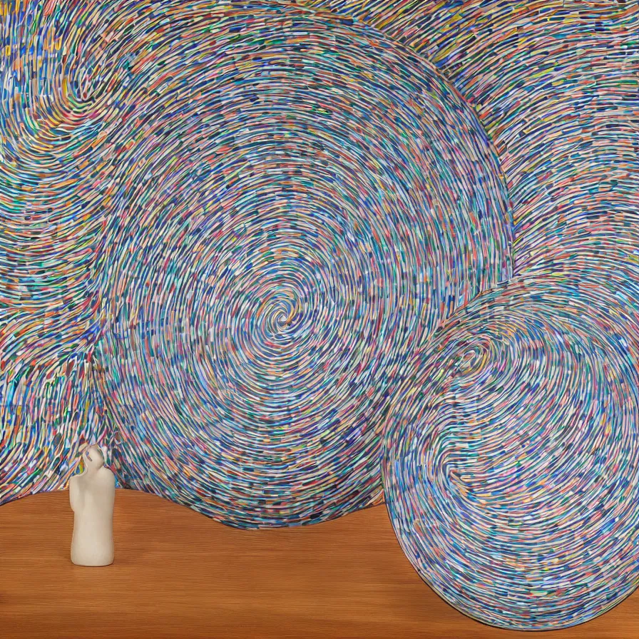 Image similar to beautiful gallery show studio photograph of a giant realistic ceramic sculpture of a round cat, glazed by bridget riley and victor vasarely, placed on a polished wooden table, colorful hyperrealism 8 k trending on artstation