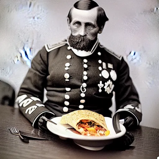 Prompt: a 1 8 5 8 colorized photo of general pitzer a union general eating a large chicken burrito with cheese and salsa