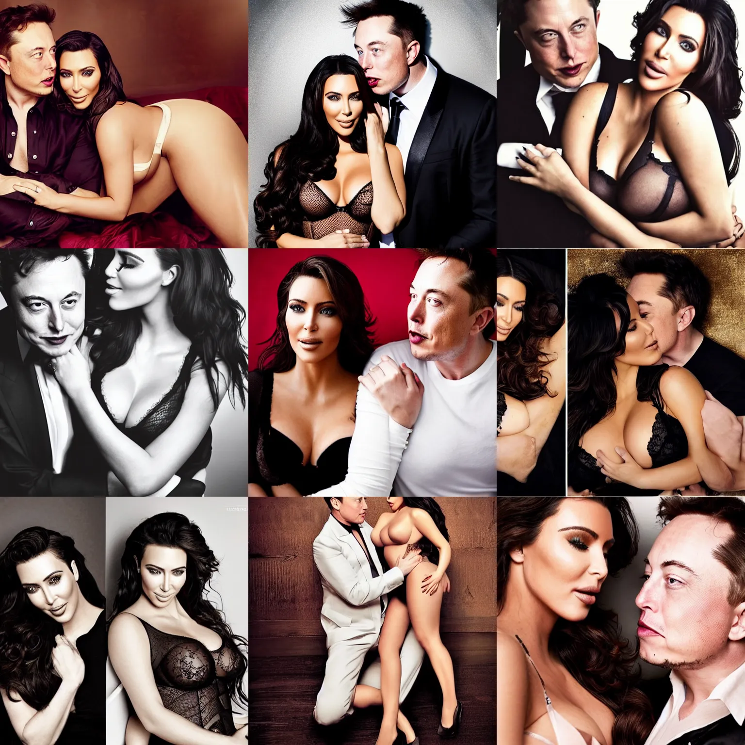 Prompt: passionate boudoir photoshoot of elon musk and kim kardashian