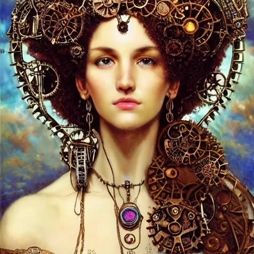 Image similar to A steampunk beautiful goddess, she is curly, she is embellished with gears wheels and gemstones, by William Holman Hunt, Greg Rutkowski, Stanely Artgerm, Tooth Wu, Peter Gric, Aaron Horkey, trending on Artstation, digital art, mythological, symmetrical artwork, cinematic lighting, hyper realism, high detail, octane render, ultra realistic, golden ratio, 4k, 8k