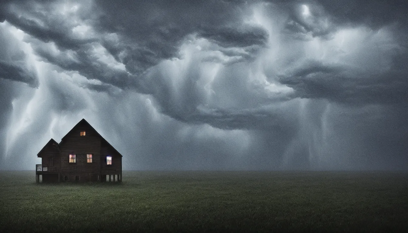 Image similar to lonely house in front lakeside, raining, storm, thunder, atmospheric, scary, claustrophobic, ambient vibe, very detailed, high resolution, 8 k