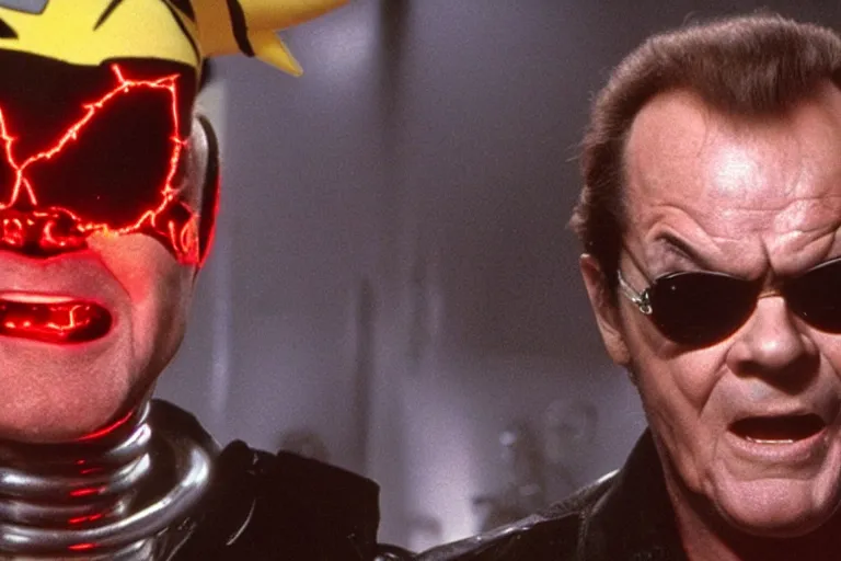 Image similar to Jack Nicholson plays Pikachu Terminator, Terminator's endoskeleton gets exposed and his eye glows red, scene from the film finale